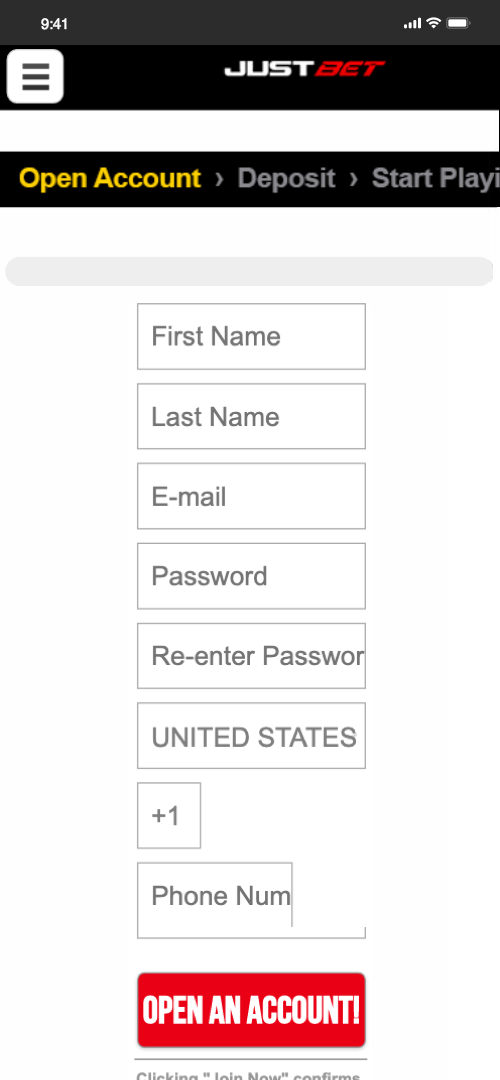 JustBet Account Creation Screen