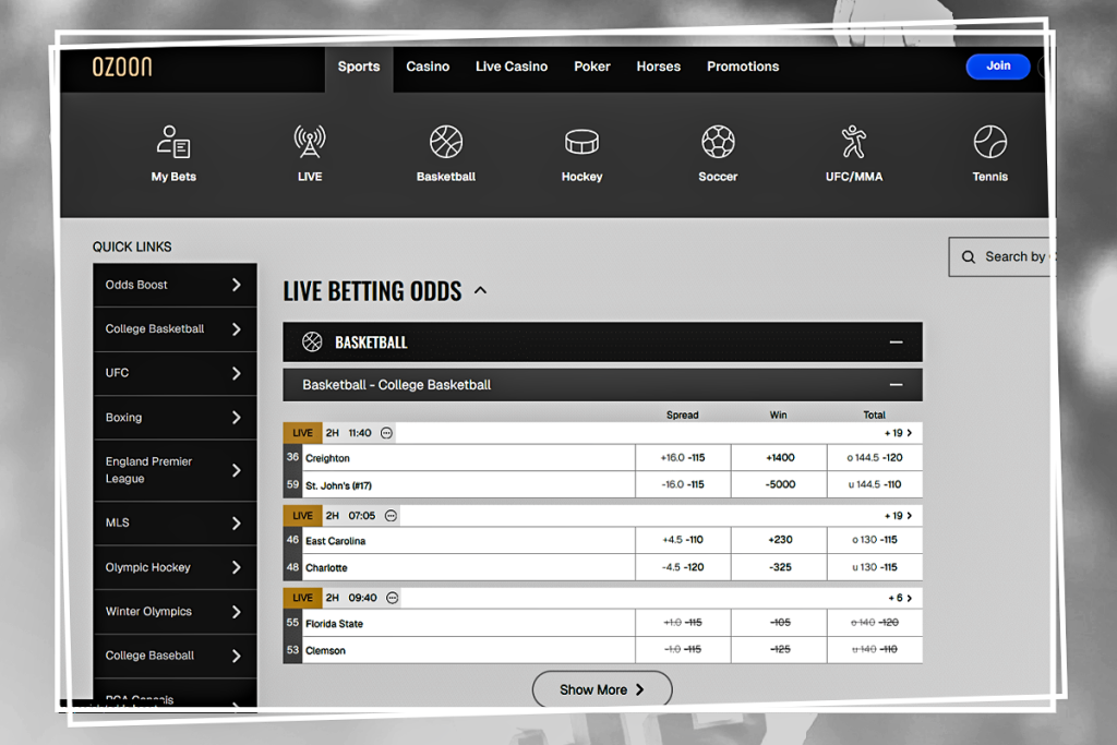 Ozoon Live Betting Odds Dashboard Showing Basketball Markets And In Play Betting Interface